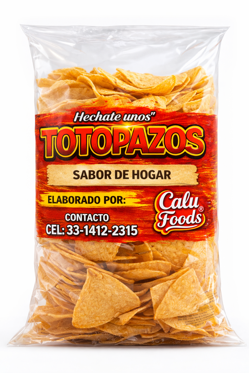 Totopazos en su bolsa transparente con etiqueta roja y amarilla